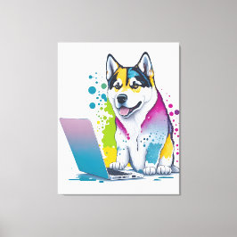 Husky Hondencomputer Rainbow Waterverf Tech Savvy Canvas Afdruk