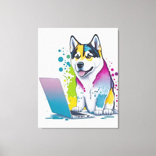 Husky Hondencomputer Rainbow Waterverf Tech Savvy Canvas Afdruk (Voorkant)