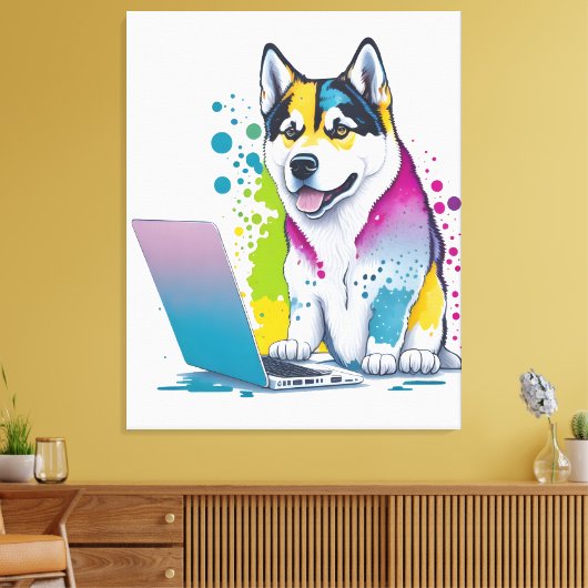 Husky Hondencomputer Rainbow Waterverf Tech Savvy Canvas Afdruk (Insitu (Woonkamer))