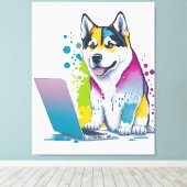 Husky Hondencomputer Rainbow Waterverf Tech Savvy Canvas Afdruk (Insitu (Houten vloer))