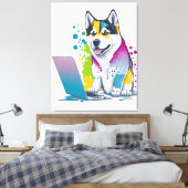 Husky Hondencomputer Rainbow Waterverf Tech Savvy Canvas Afdruk (Insitu (Slaapkamer))