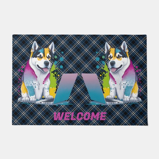 Husky Hondencomputer Rainbow Waterverf Tech Savvy Deurmat (Voorkant)