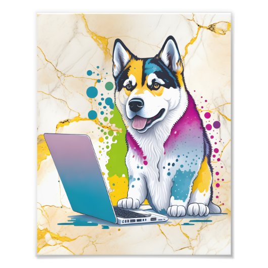 Husky Hondencomputer Rainbow Waterverf Tech Savvy Foto Afdruk (Voorkant)