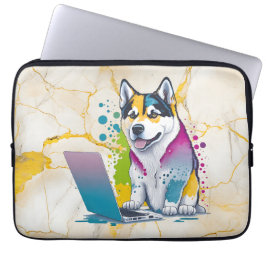Husky Hondencomputer Rainbow Waterverf Tech Savvy Laptop Sleeve