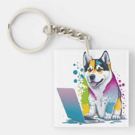 Husky Hondencomputer Rainbow Waterverf Tech Savvy Sleutelhanger