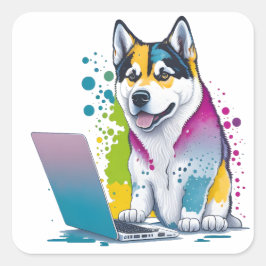 Husky Hondencomputer Rainbow Waterverf Tech Savvy Vierkante Sticker