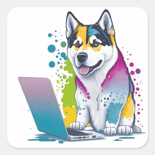 Husky Hondencomputer Rainbow Waterverf Tech Savvy Vierkante Sticker (Voorkant)