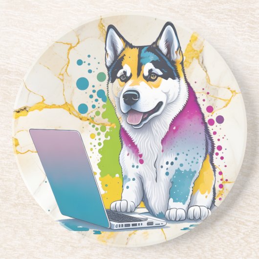 Husky Hondencomputer Rainbow Waterverf Tech Savvy Zandsteen Onderzetter (Voorkant)