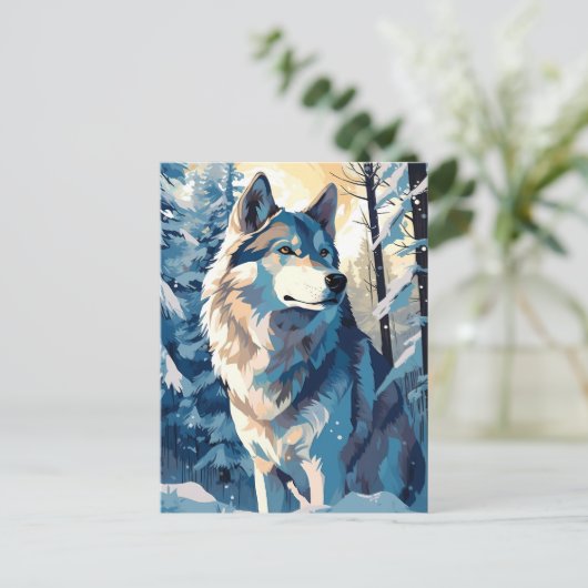 Husky in een besneeuwd bos tijdens de winter briefkaart (Staand voorkant)