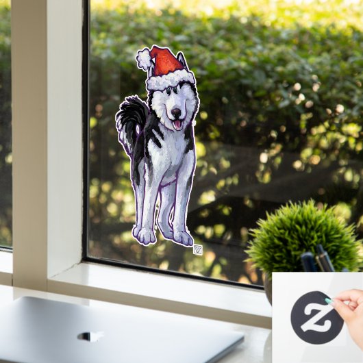 Husky in een Santa Hat Window Cling Raamsticker (Kantoor)