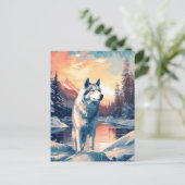 Husky in het besneeuwde bos bij een meer tijdens z briefkaart (Staand voorkant)