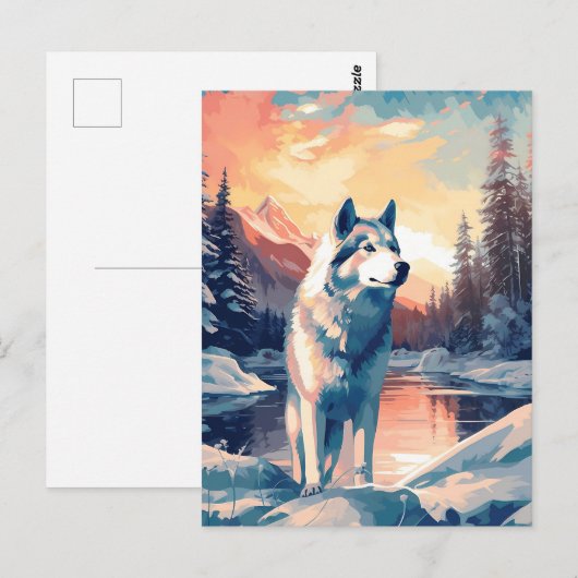 Husky in het besneeuwde bos bij een meer tijdens z briefkaart (Voorkant / Achterkant)