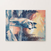 Husky in het besneeuwde bos bij een meer tijdens z legpuzzel (Horizontaal)