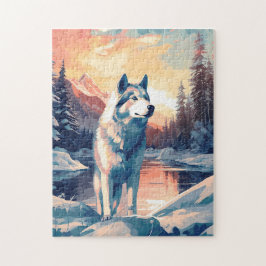 Husky in het besneeuwde bos bij een meer tijdens z legpuzzel