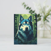 Husky in het groene weelderige bos briefkaart (Staand voorkant)