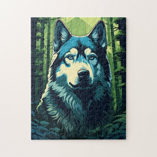 Husky in het groene weelderige bos legpuzzel (Verticaal)