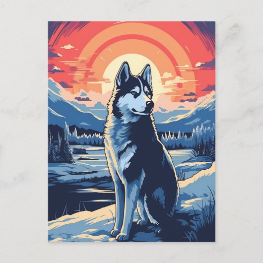 Husky in het winterbos tijdens zonsondergang briefkaart (Voorkant)