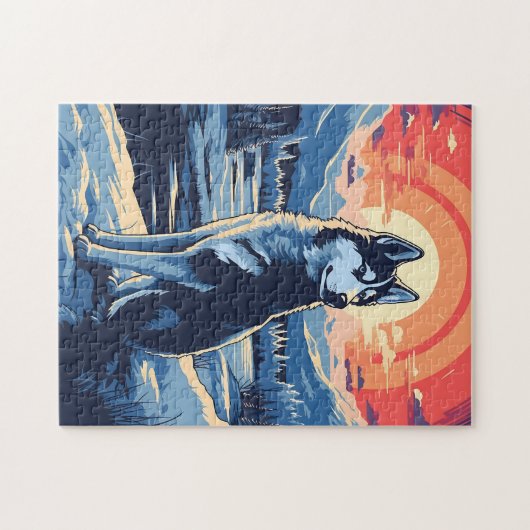 Husky in het winterbos tijdens zonsondergang legpuzzel (Horizontaal)