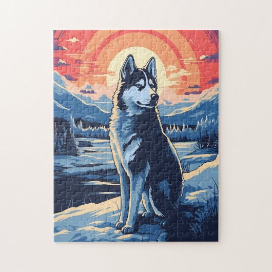 Husky in het winterbos tijdens zonsondergang legpuzzel (Verticaal)