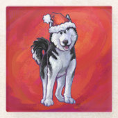 Husky in Santa Hat op Red Glazen Onderzetter (Voorkant)