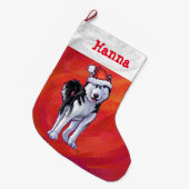Husky in Santa Hat op Red Grote Kerstsok (Voorkant (Hangend))