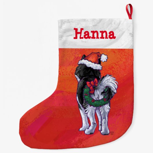 Husky in Santa Hat op Red Grote Kerstsok (Achterkant)