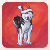 Husky in Santa Hat op Red Kartonnen Onderzetters (Voorkant)