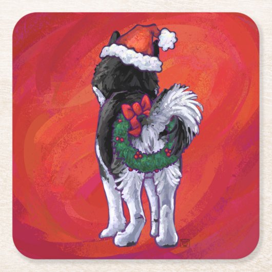 Husky in Santa Hat op Red Kartonnen Onderzetters (Voorkant)