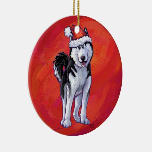 Husky in Santa Hat op Red Keramisch Ornament (Rechts)