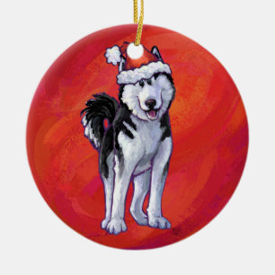 Husky in Santa Hat op Red Keramisch Ornament