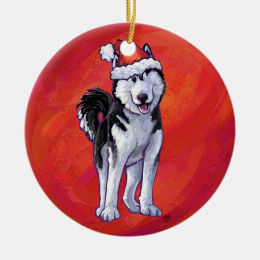 Husky in Santa Hat op Red Keramisch Ornament (Voorkant)