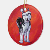 Husky in Santa Hat op Red Keramisch Ornament (Links)