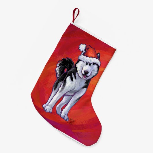 Husky in Santa Hat op Red Kleine Kerstsok (Voorkant (Hangend))