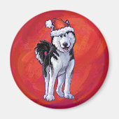 Husky in Santa Hat op Red Magneet (Voorkant)