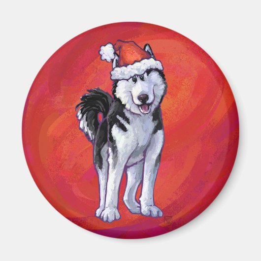 Husky in Santa Hat op Red Magneet (Voorkant)