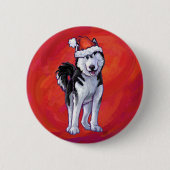 Husky in Santa Hat op Red Ronde Button 5,7 Cm (Voorkant)