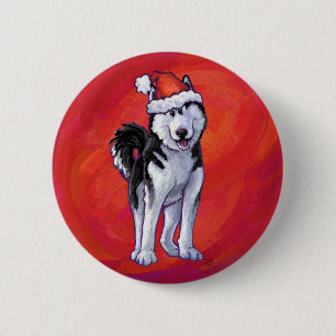 Husky in Santa Hat op Red Ronde Button 5,7 Cm
