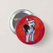 Husky in Santa Hat op Red Ronde Button 5,7 Cm (Voorkant /achterkant)