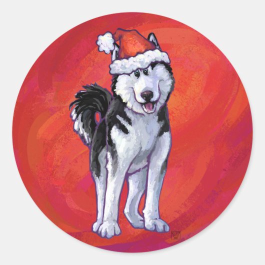 Husky in Santa Hat op Red Ronde Sticker (Voorkant)
