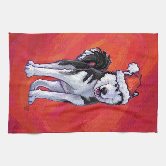 Husky in Santa Hat op Red Theedoek (Horizontaal)