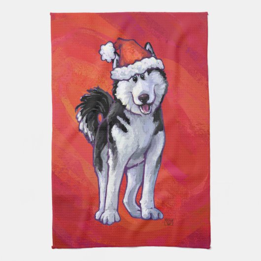 Husky in Santa Hat op Red Theedoek (Verticaal)