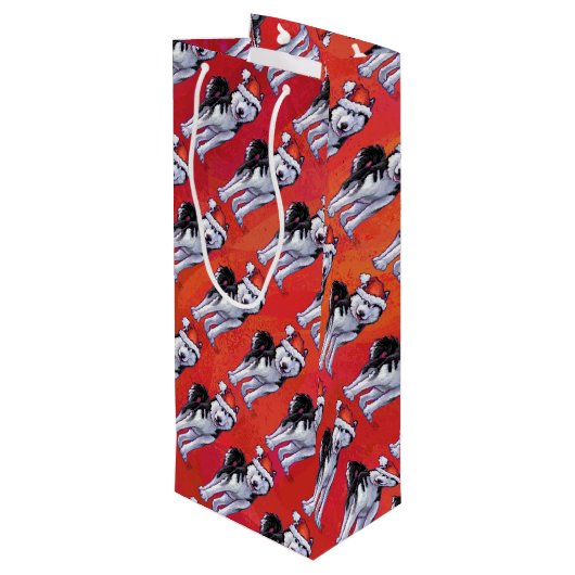 Husky in Santa Hat op Red Wijn Cadeautas (Achterkant Gekanteld)