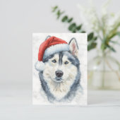 Husky in Santa Hat Watercolor Xmas Feestdagenkaart (Staand voorkant)