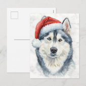 Husky in Santa Hat Watercolor Xmas Feestdagenkaart (Voorkant / Achterkant)
