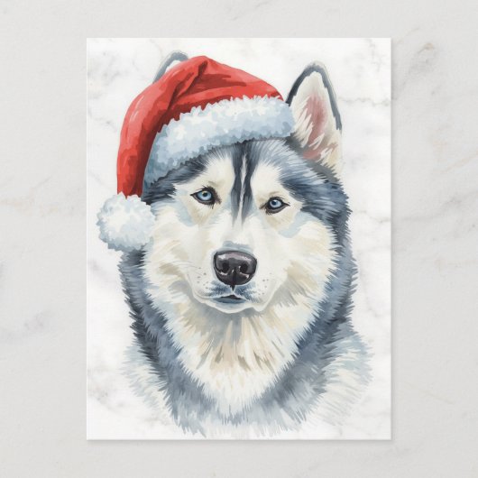 Husky in Santa Hat Watercolor Xmas Feestdagenkaart (Voorkant)