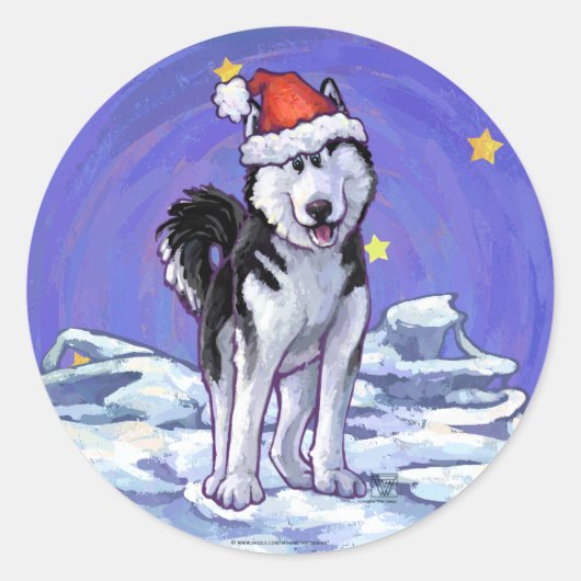 Husky Kerstmis Ronde Sticker (Voorkant)
