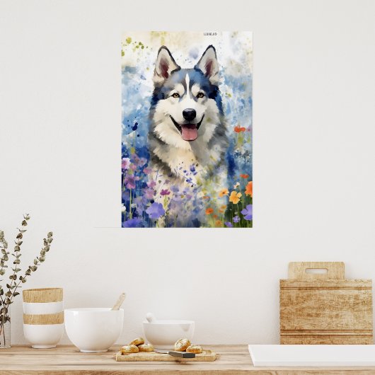Husky kleurrijke waterverf kunstwerk poster (Keuken)
