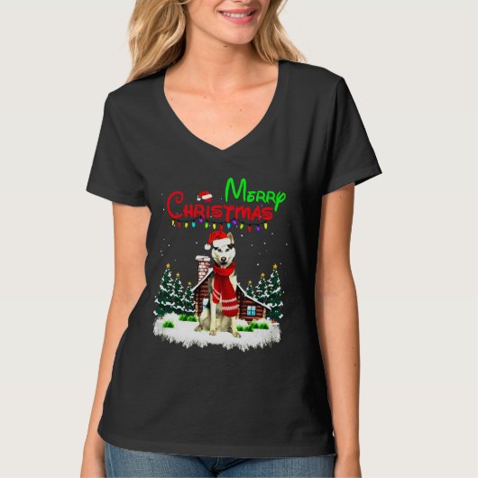 Husky Lights Vrolijk Kerstfeest T-shirt (Voorkant)