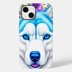  Husky met Blue Eyes en Whimsical Flowers Case-Mate iPhone 14 Hoesje