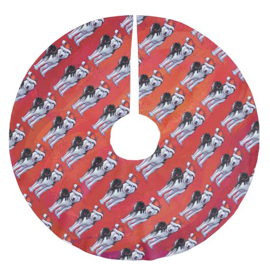 Husky met kerstmuts op rood kerstboom rok (Voorkant)